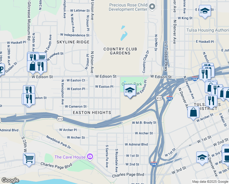 map of restaurants, bars, coffee shops, grocery stores, and more near 504 North Quanah Avenue in Tulsa