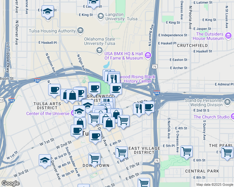map of restaurants, bars, coffee shops, grocery stores, and more near 10 North Greenwood Avenue in Tulsa
