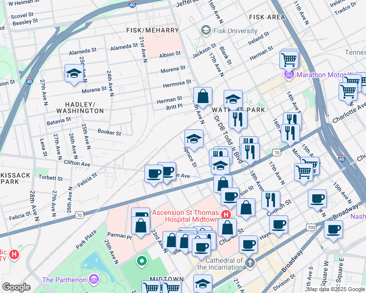 map of restaurants, bars, coffee shops, grocery stores, and more near 640 21st Avenue North in Nashville