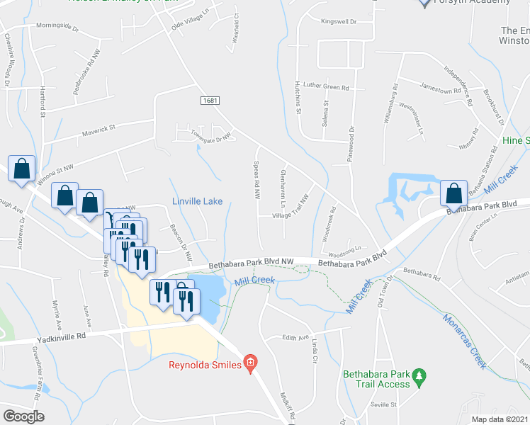 map of restaurants, bars, coffee shops, grocery stores, and more near 2638 Speas Road Northwest in Winston-Salem