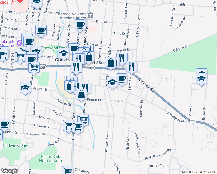 map of restaurants, bars, coffee shops, grocery stores, and more near 577 East Hudgens Street in Cookeville