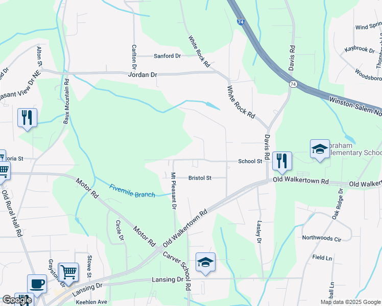 map of restaurants, bars, coffee shops, grocery stores, and more near 2126 School Street in Winston-Salem