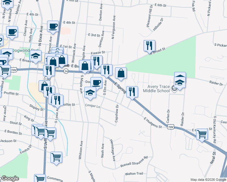 map of restaurants, bars, coffee shops, grocery stores, and more near 125 Wilhite Avenue in Cookeville