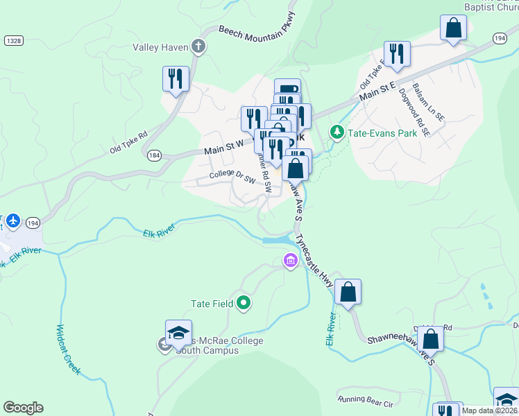 map of restaurants, bars, coffee shops, grocery stores, and more near 310 Banner Road Southwest in Banner Elk