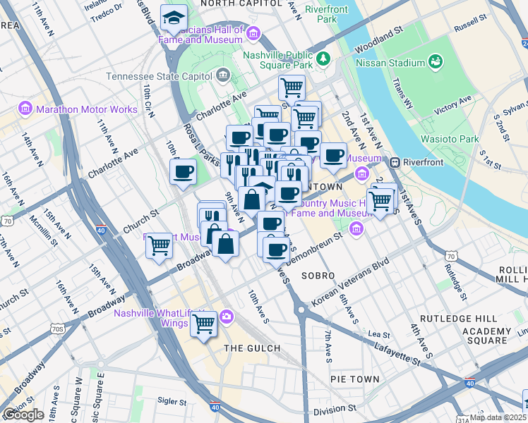 map of restaurants, bars, coffee shops, grocery stores, and more near 700 Broadway in Nashville