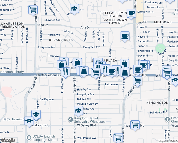 map of restaurants, bars, coffee shops, grocery stores, and more near 5250 West Charleston Boulevard in Las Vegas