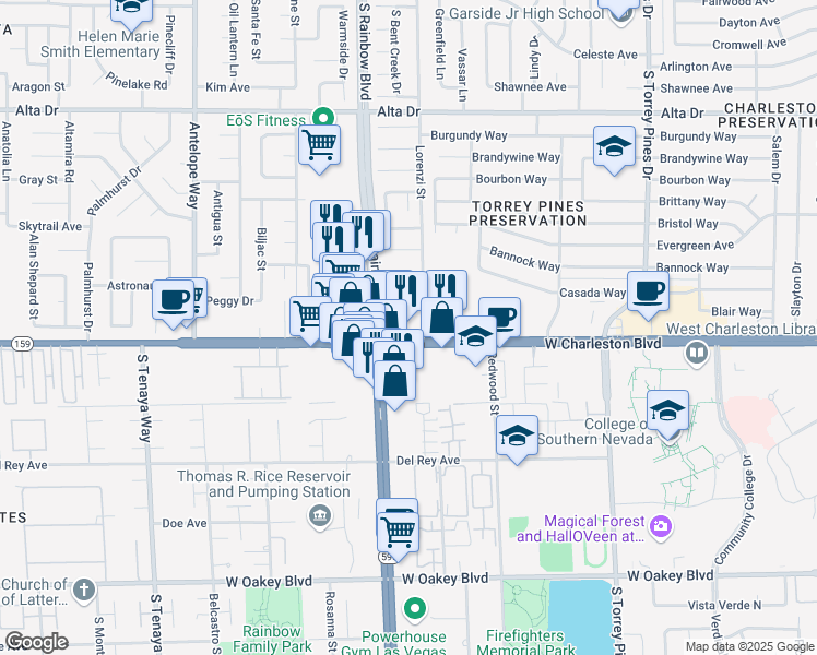 map of restaurants, bars, coffee shops, grocery stores, and more near 6700 West Charleston Boulevard in Las Vegas