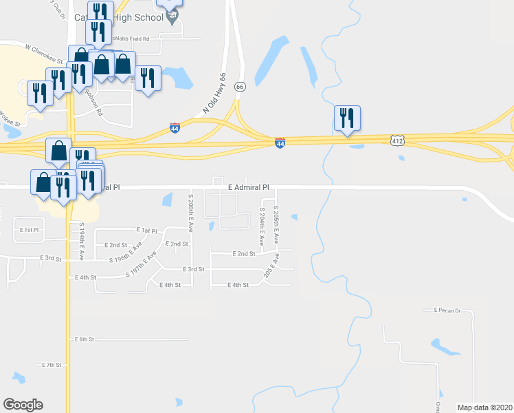 map of restaurants, bars, coffee shops, grocery stores, and more near 12 South 204th East Avenue in Tulsa