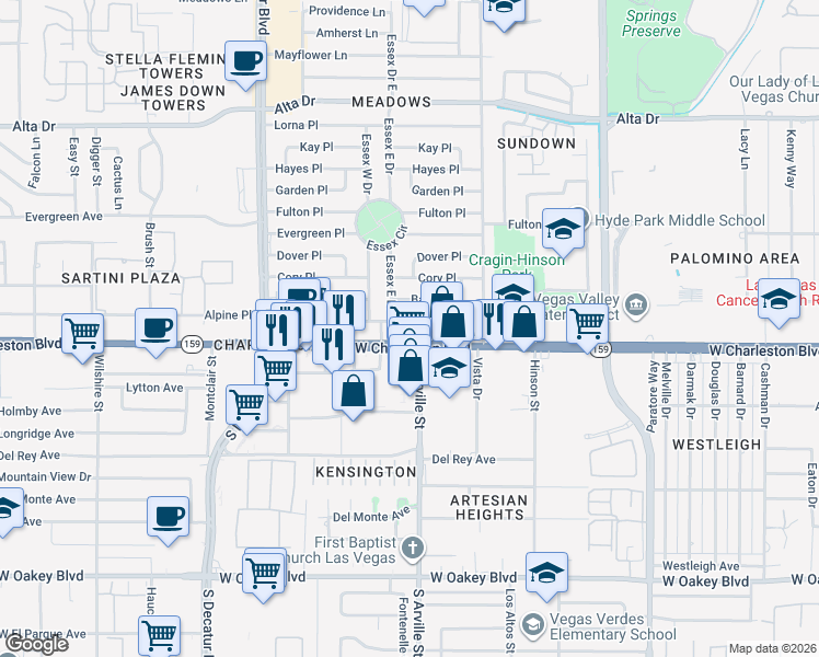 map of restaurants, bars, coffee shops, grocery stores, and more near 4401 Alpine Place in Las Vegas
