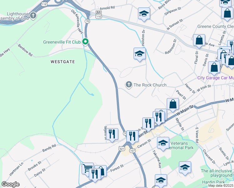 map of restaurants, bars, coffee shops, grocery stores, and more near 1485 Tennessee 70 Bypass in Greeneville