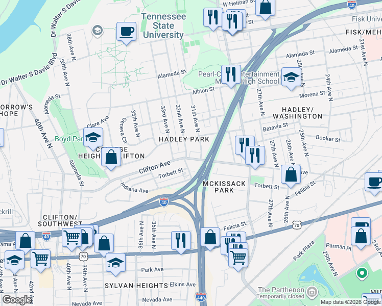 map of restaurants, bars, coffee shops, grocery stores, and more near 2905 Clifton Avenue in Nashville