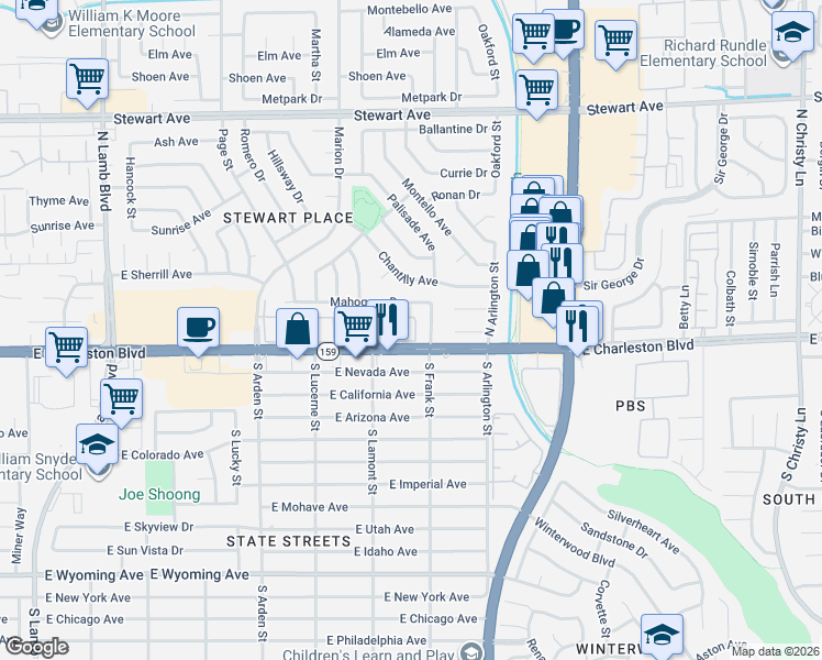 map of restaurants, bars, coffee shops, grocery stores, and more near in Sunrise Manor