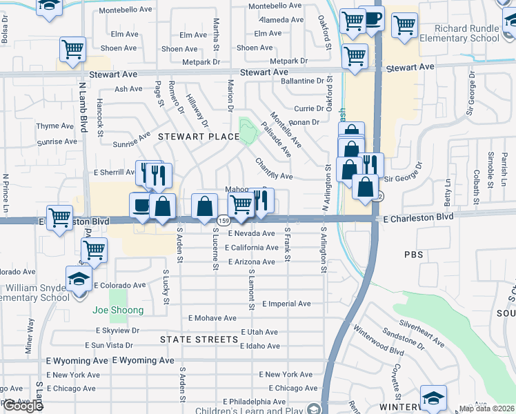 map of restaurants, bars, coffee shops, grocery stores, and more near in Sunrise Manor