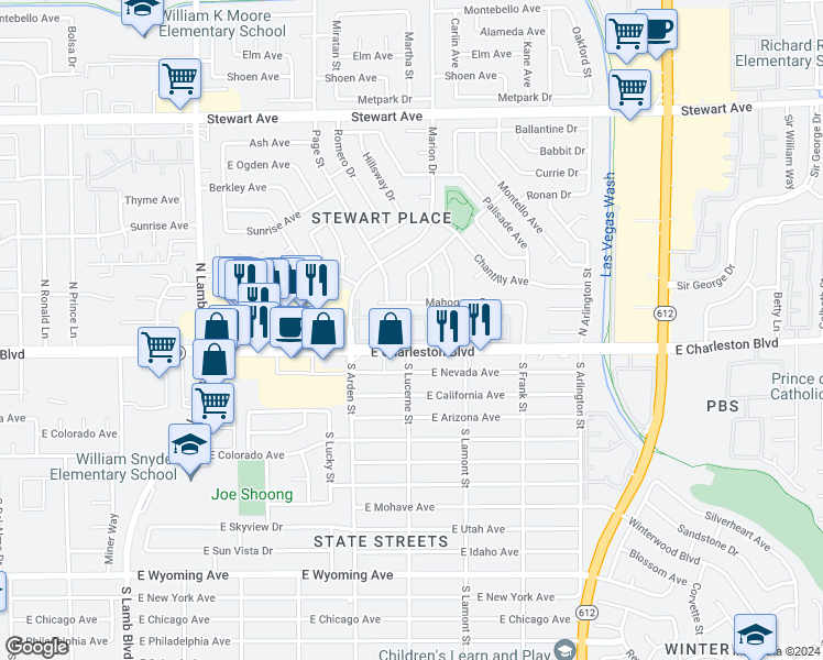 map of restaurants, bars, coffee shops, grocery stores, and more near 4700 East Charleston Boulevard in Las Vegas