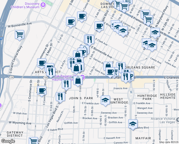 map of restaurants, bars, coffee shops, grocery stores, and more near 617 Hoover Avenue in Las Vegas