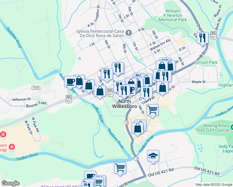 map of restaurants, bars, coffee shops, grocery stores, and more near 209 10th Street in North Wilkesboro