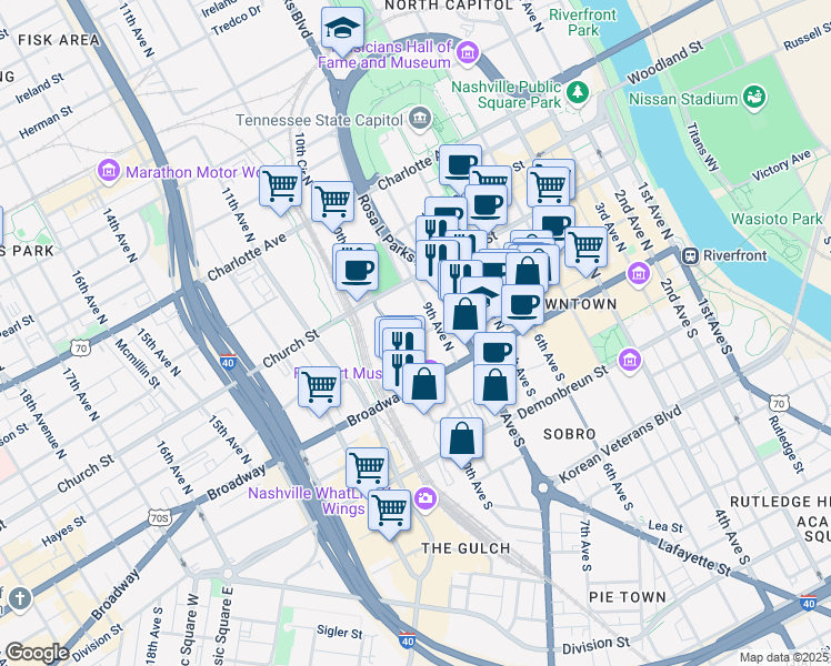 map of restaurants, bars, coffee shops, grocery stores, and more near 901 Commerce Street in Nashville