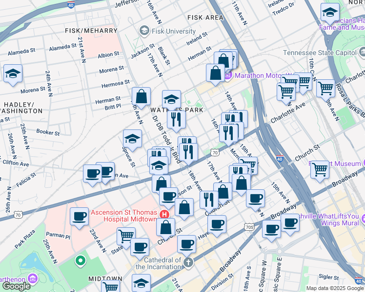 map of restaurants, bars, coffee shops, grocery stores, and more near 416 Doctor DB Todd Junior Boulevard in Nashville