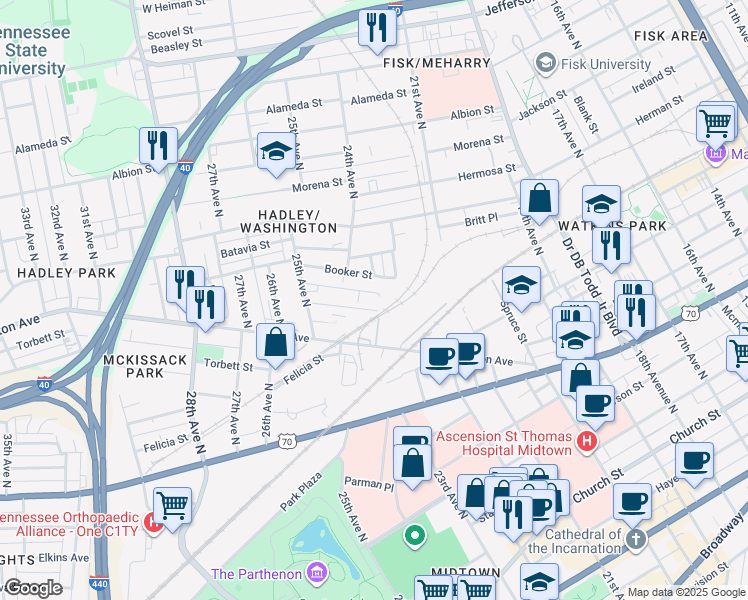 map of restaurants, bars, coffee shops, grocery stores, and more near 2323 Merry Street in Nashville