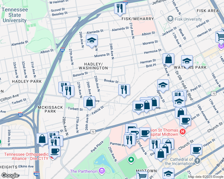 map of restaurants, bars, coffee shops, grocery stores, and more near 2400 Clifton Avenue in Nashville