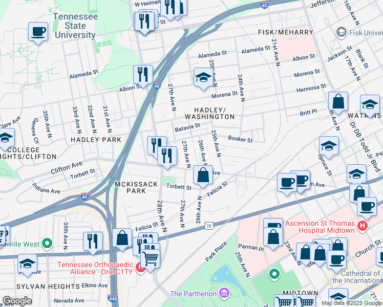 map of restaurants, bars, coffee shops, grocery stores, and more near 707 26th Avenue North in Nashville