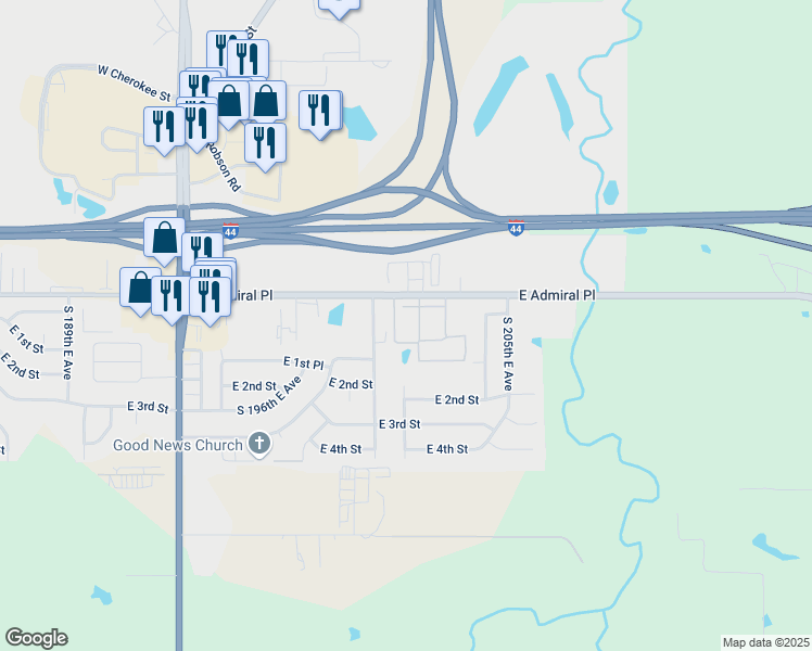 map of restaurants, bars, coffee shops, grocery stores, and more near 20222 East Admiral Place in Catoosa