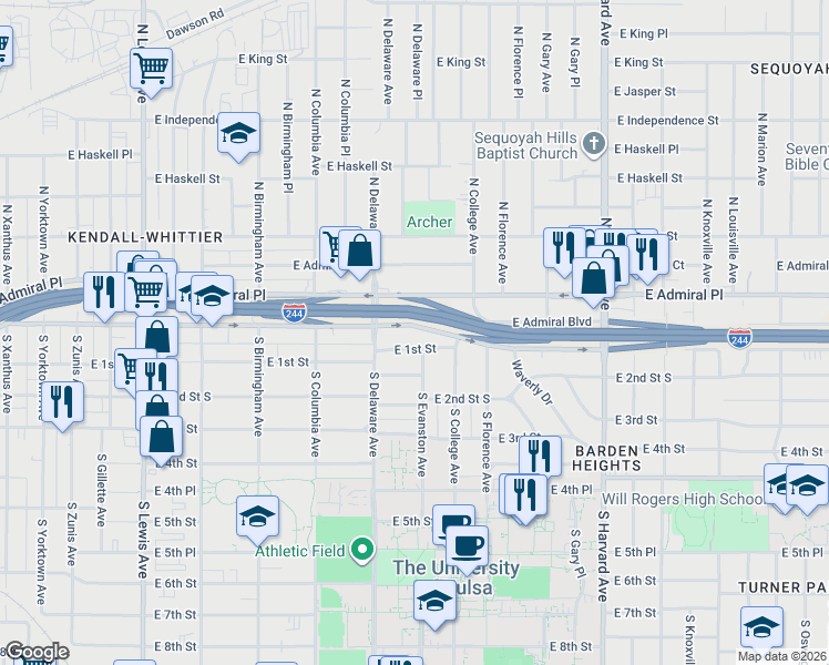 map of restaurants, bars, coffee shops, grocery stores, and more near 2840 East 1st Street South in Tulsa