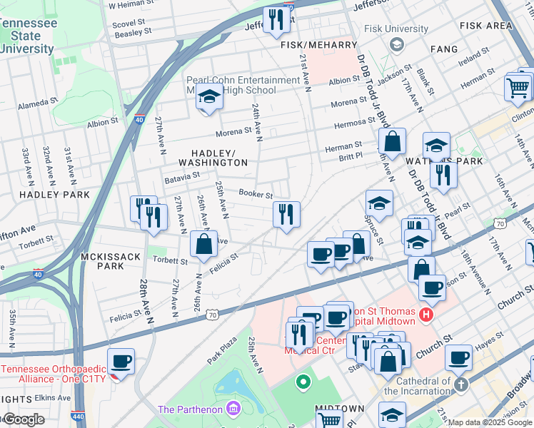 map of restaurants, bars, coffee shops, grocery stores, and more near 2323 Merry Street in Nashville