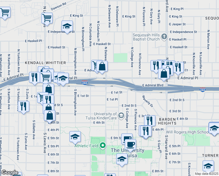 map of restaurants, bars, coffee shops, grocery stores, and more near 2807 East 1st Street South in Tulsa