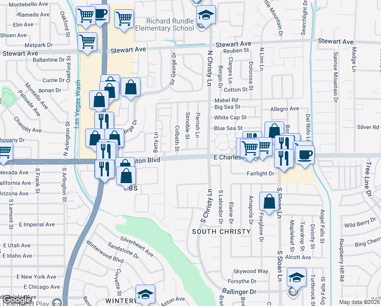 map of restaurants, bars, coffee shops, grocery stores, and more near 5485 East Charleston Boulevard in Las Vegas