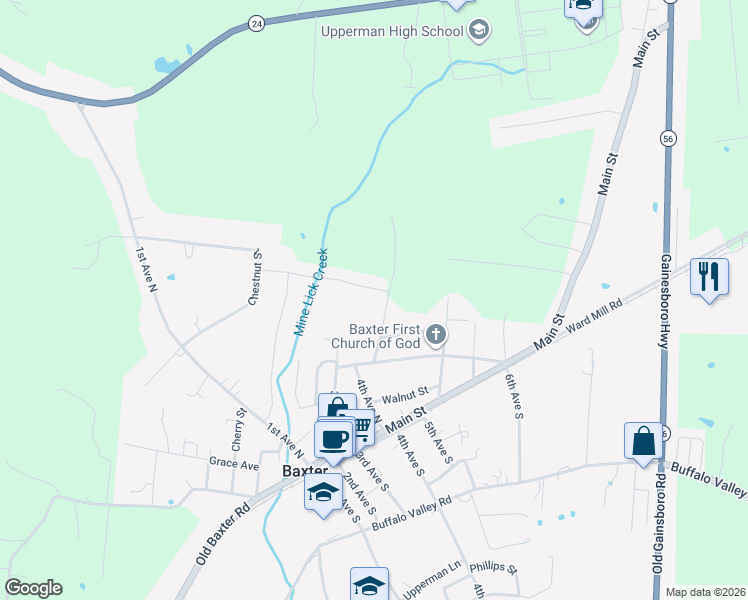 map of restaurants, bars, coffee shops, grocery stores, and more near 322 4th Avenue North in Baxter