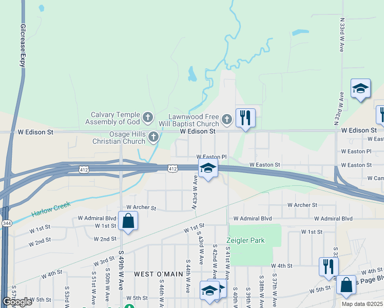 map of restaurants, bars, coffee shops, grocery stores, and more near 458 North 44th West Avenue in Tulsa