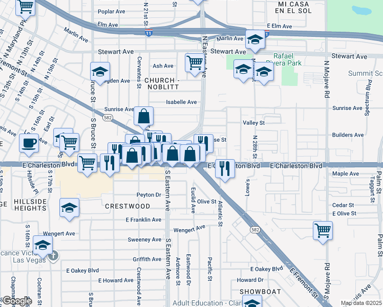 map of restaurants, bars, coffee shops, grocery stores, and more near 2329-2499 East Charleston Boulevard in Las Vegas