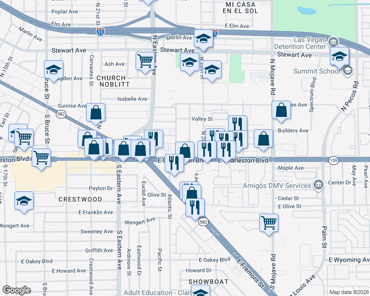 map of restaurants, bars, coffee shops, grocery stores, and more near 16 North 27th Street in Las Vegas