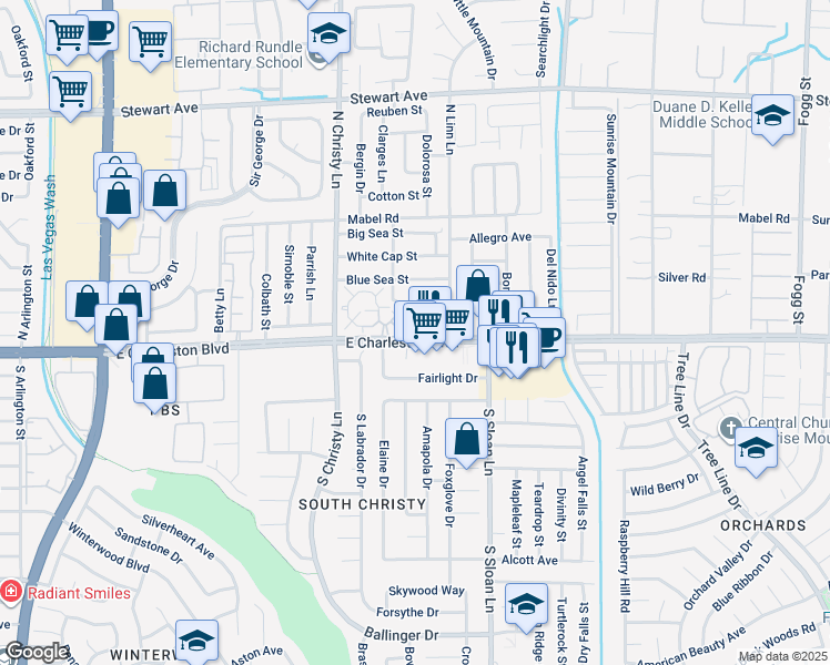 map of restaurants, bars, coffee shops, grocery stores, and more near 5653 Vineyard Lane in Las Vegas