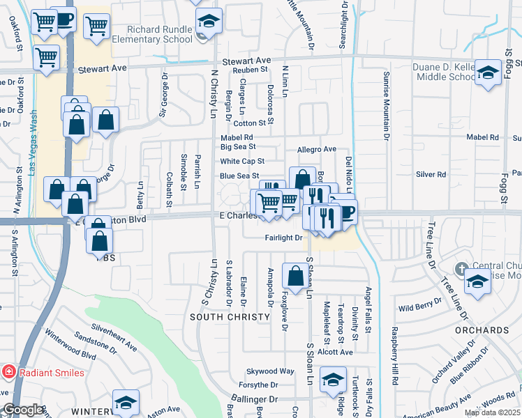 map of restaurants, bars, coffee shops, grocery stores, and more near 5653 Vineyard Lane in Las Vegas