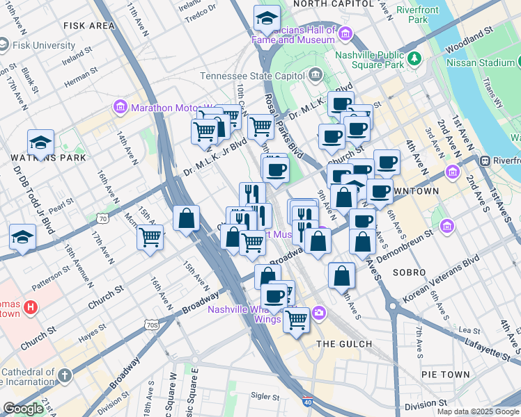 map of restaurants, bars, coffee shops, grocery stores, and more near 1101 Church Street in Nashville