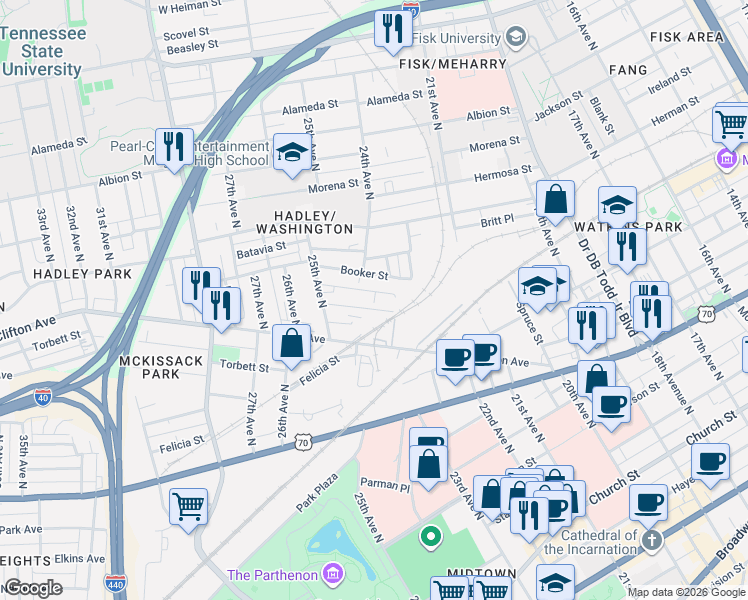 map of restaurants, bars, coffee shops, grocery stores, and more near 2323 Merry Street in Nashville
