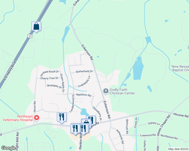 map of restaurants, bars, coffee shops, grocery stores, and more near 5617 Eckerson Road in Greensboro