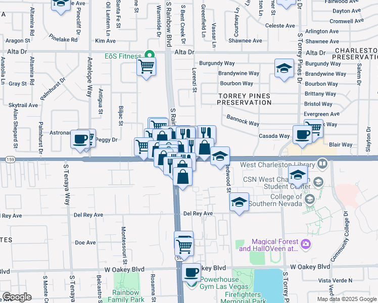 map of restaurants, bars, coffee shops, grocery stores, and more near 6660 West Charleston Boulevard in Las Vegas