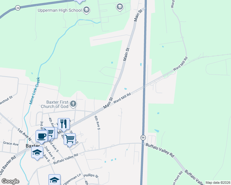 map of restaurants, bars, coffee shops, grocery stores, and more near 805 Main Street in Baxter