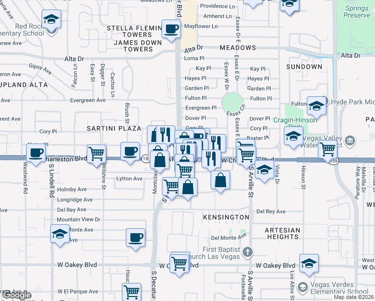 map of restaurants, bars, coffee shops, grocery stores, and more near 4709 Alpine Place in Las Vegas