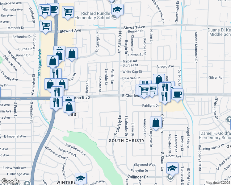 map of restaurants, bars, coffee shops, grocery stores, and more near 5485 East Charleston Boulevard in Las Vegas