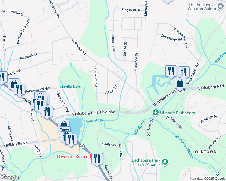 map of restaurants, bars, coffee shops, grocery stores, and more near 2619 Village Trail Northwest in Winston-Salem