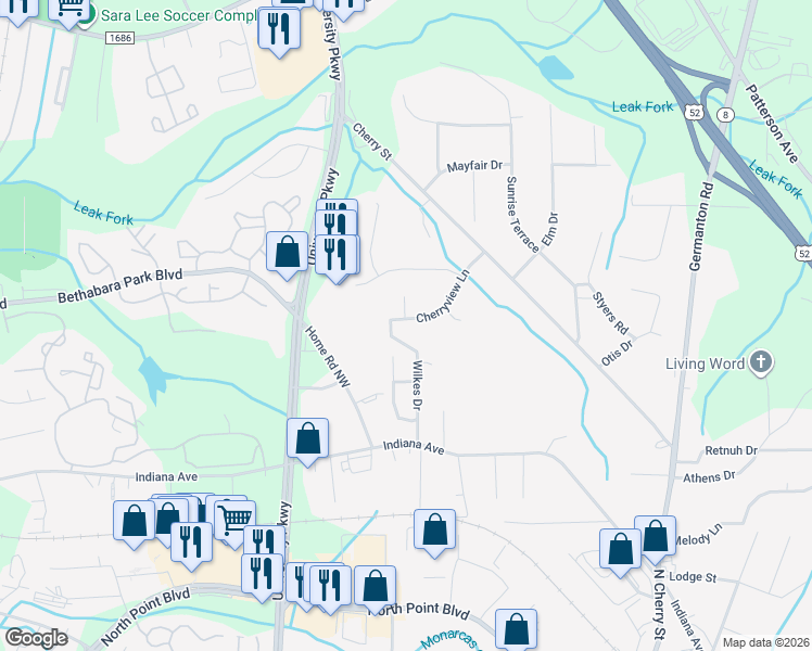 map of restaurants, bars, coffee shops, grocery stores, and more near 4972 Wilkes Drive in Winston-Salem