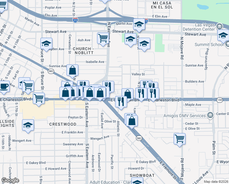 map of restaurants, bars, coffee shops, grocery stores, and more near 2525 Meadows Avenue in Las Vegas