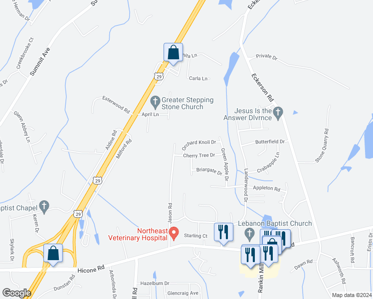 map of restaurants, bars, coffee shops, grocery stores, and more near 3980 Orchard Knoll Drive in Greensboro