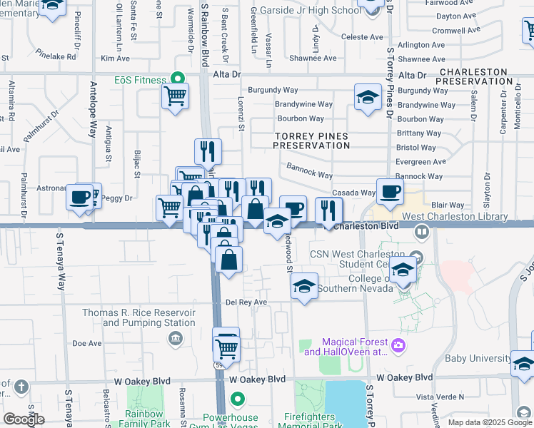 map of restaurants, bars, coffee shops, grocery stores, and more near 6705 West Charleston Boulevard in Las Vegas
