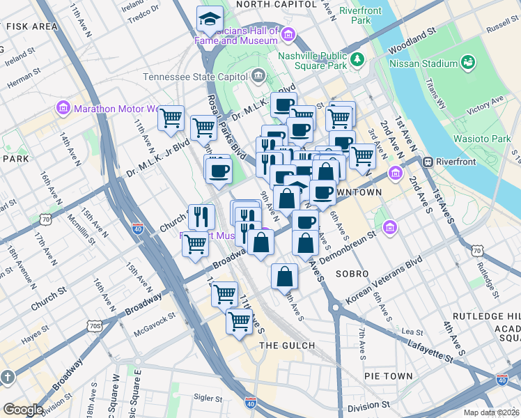 map of restaurants, bars, coffee shops, grocery stores, and more near 930 Commerce Street in Nashville