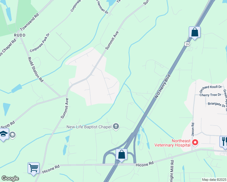 map of restaurants, bars, coffee shops, grocery stores, and more near 5527 Birch Ridge Road in Greensboro